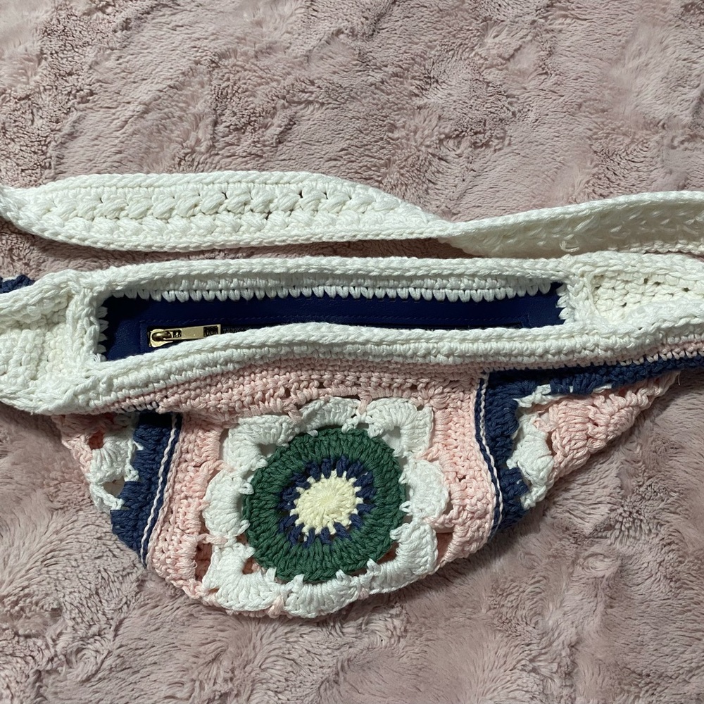 Handmade boho Crochet Crossbody Bag in Pink , navy , green and White